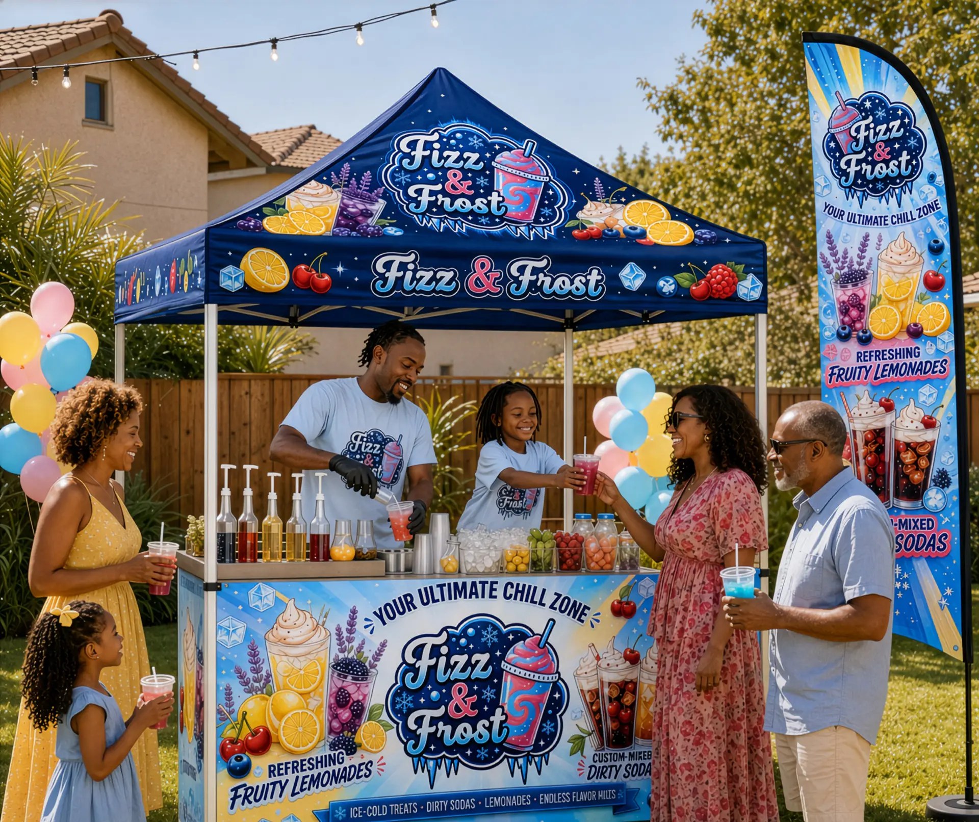 The Fizz & Frost branded catering tent serving families colorful lemonades and dirty sodas at a backyard party