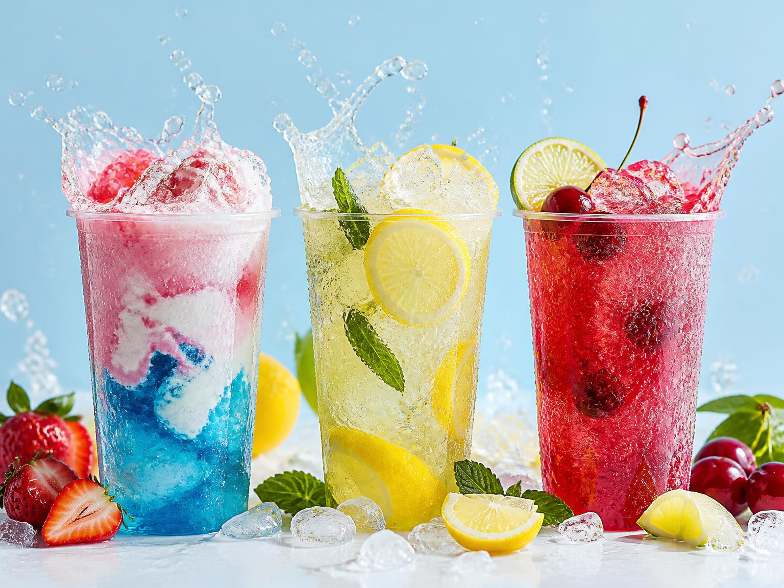 Three Fizz & Frost drinks over pebble ice — cotton candy soda, fresh lemonade and cherry limeade — with fruit and splashing water